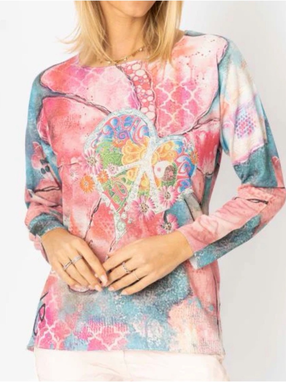 Women's Pink Multi-Color Abstract Print Top With Peace Heart